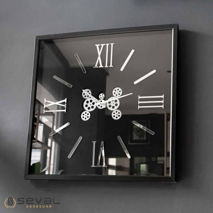 80 CM Siyah Kare Çerçeveli Çarklı Duvar Saati,Ofis Salon Kare Çerçeveli Çarklı Camlı Duvar