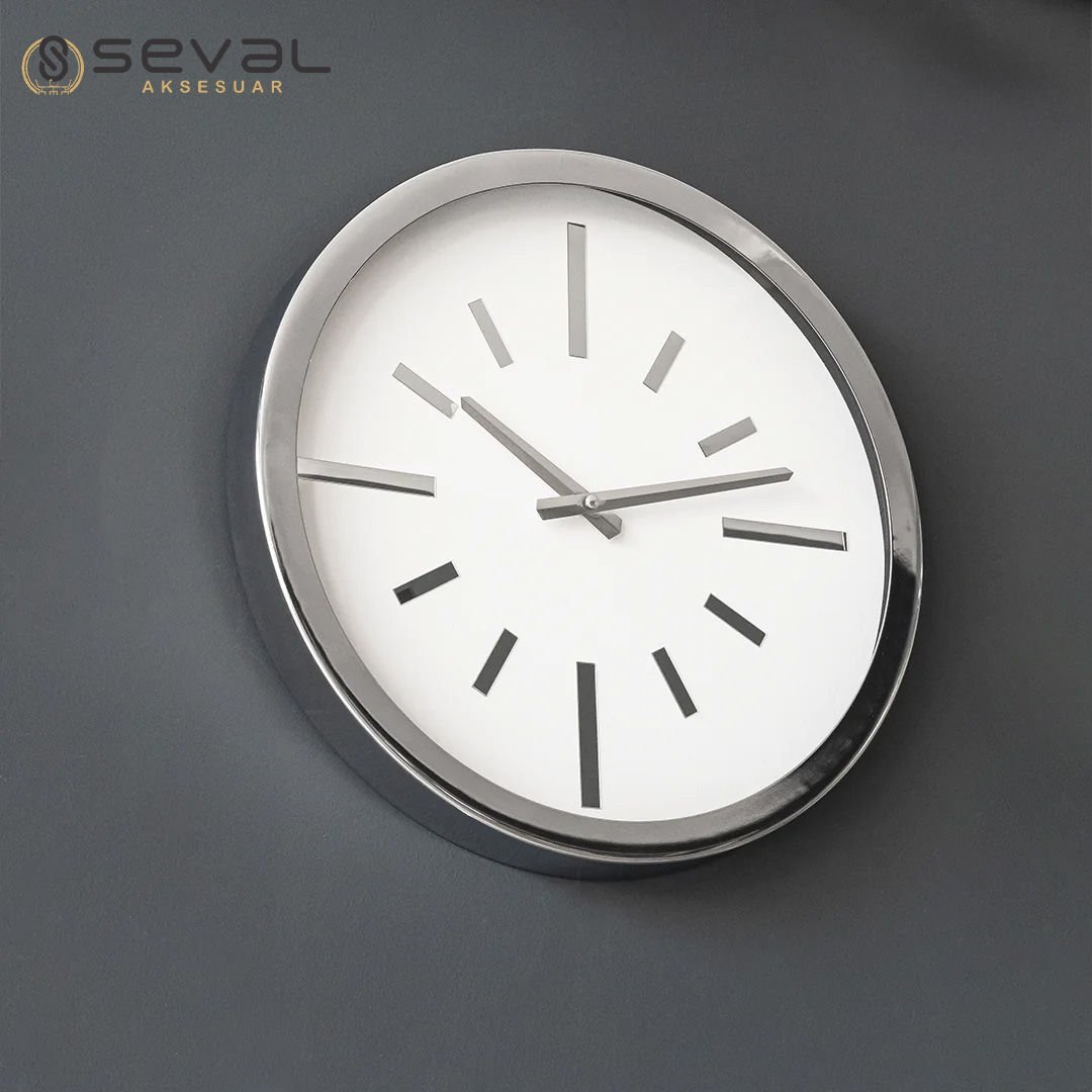 40 CM Gümüş Beyaz Metal Camlı Duvar Saati,Metal Camlı Duvar Saati