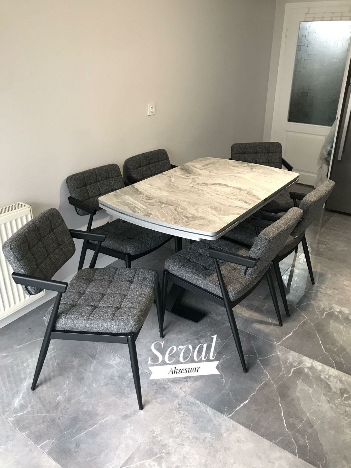 Gri Mermer Gold Masa + Klas Sandalye Takımı