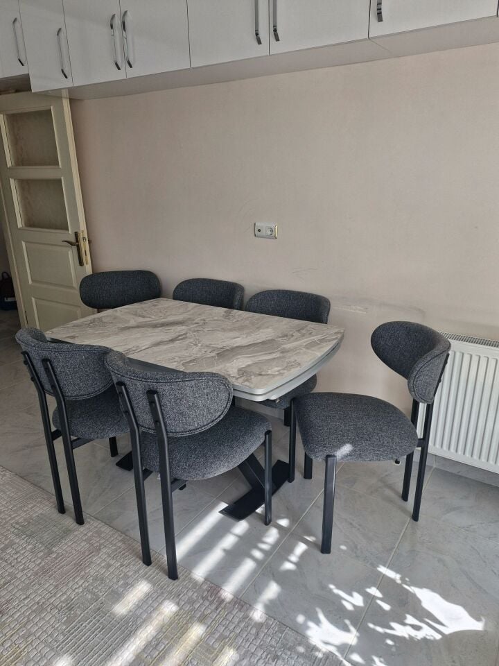 Gri Mermer Gold Masa + Mars Sandalye Takımı