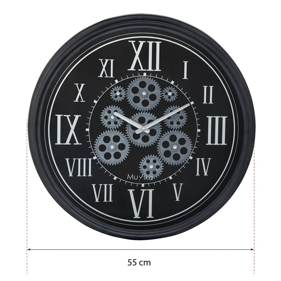 Perfetto Attivo Hareketli Çarklı 55x55cm Sessiz Mekanizmalı Siyah Duvar Saati