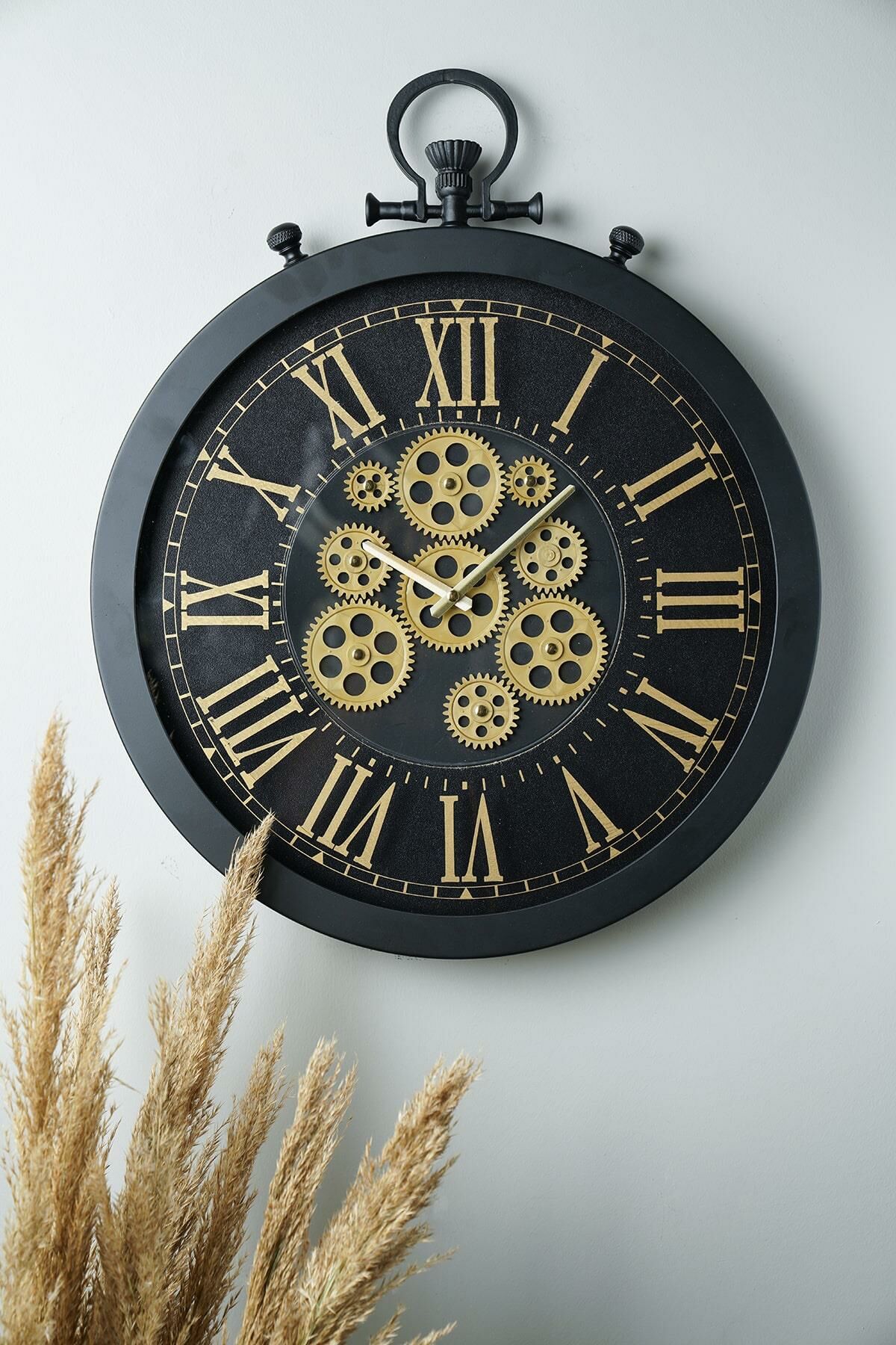 Perfetto Hareketli Çarklı Siyah Kasa 55x55cm Sessiz Mekanizmalı Vintage Duvar Saati