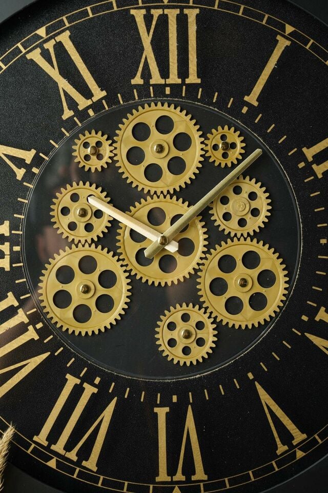 Perfetto Hareketli Çarklı Siyah Kasa 55x55cm Sessiz Mekanizmalı Vintage Duvar Saati