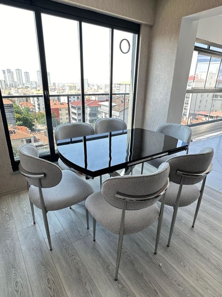 Siyah Cam İkon Açılır Masa + Metal Polo Sandalye Takımı