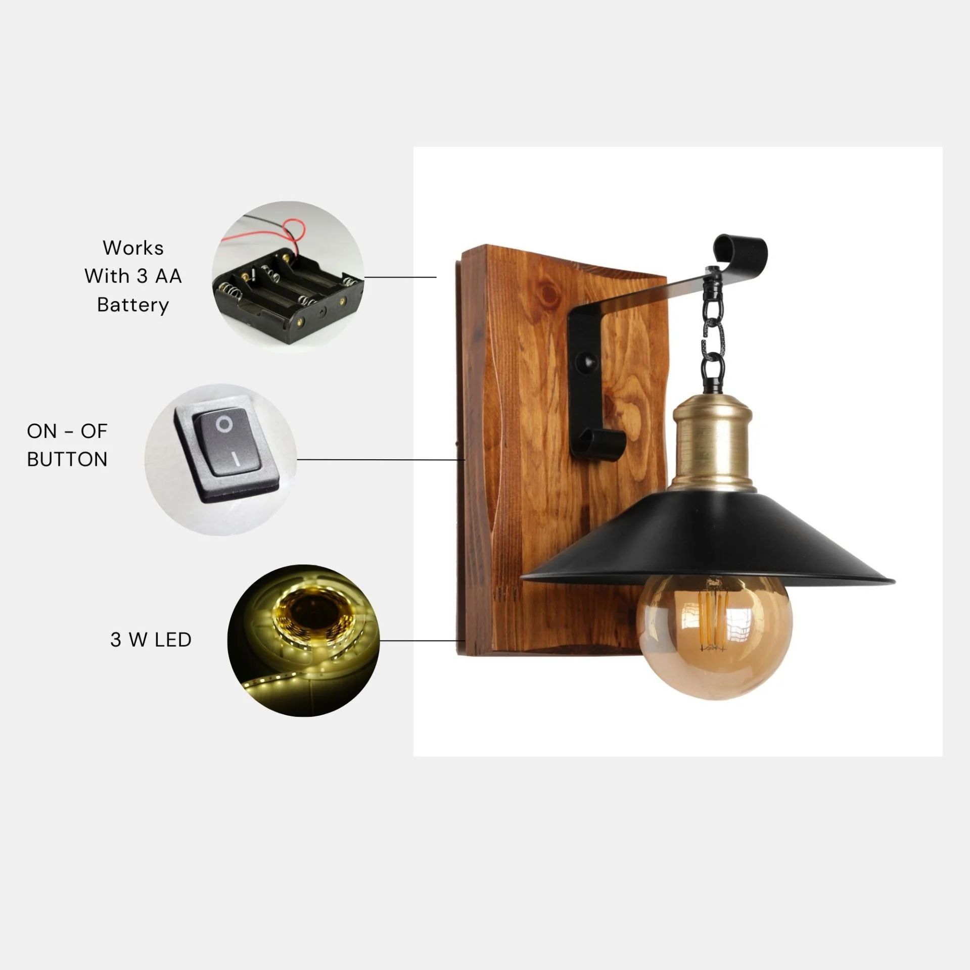 Alkım Pilli Ceviz Metal Başlıklı Aplik