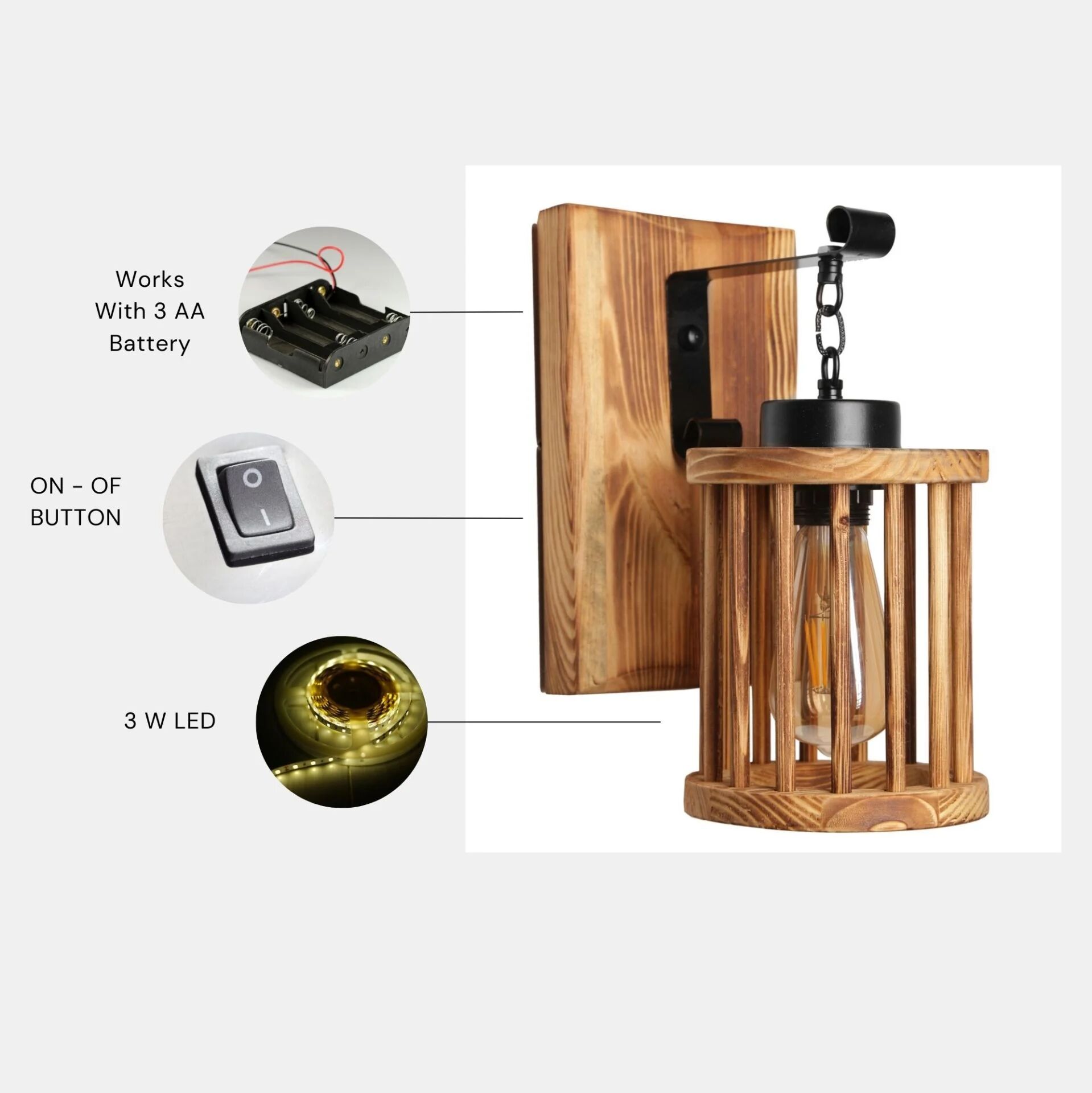 Alkım Pilli Yanık Ahşap Kafesli Aplik