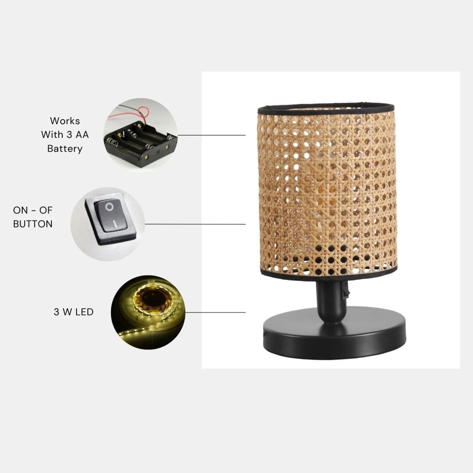 Ayça Pilli Siyah Rattan Abajurlu Masa Lambası