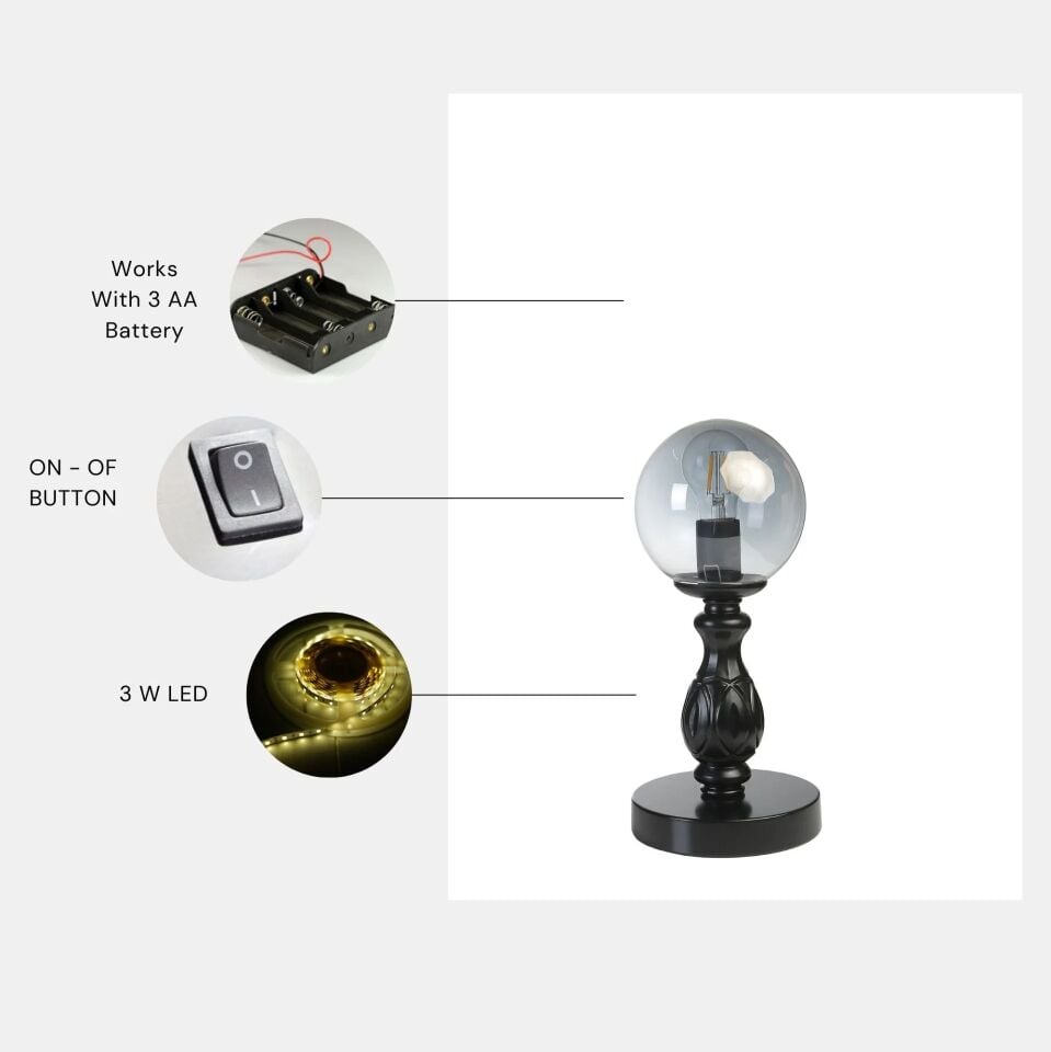 Olimpiyat Pilli Siyah Füme Camlı Masa Lambası