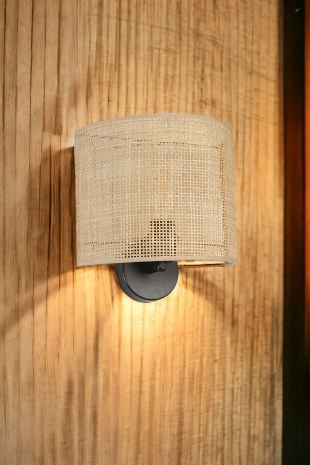 Örgülü Pilli Rattan Abajurlu Oval Aplik