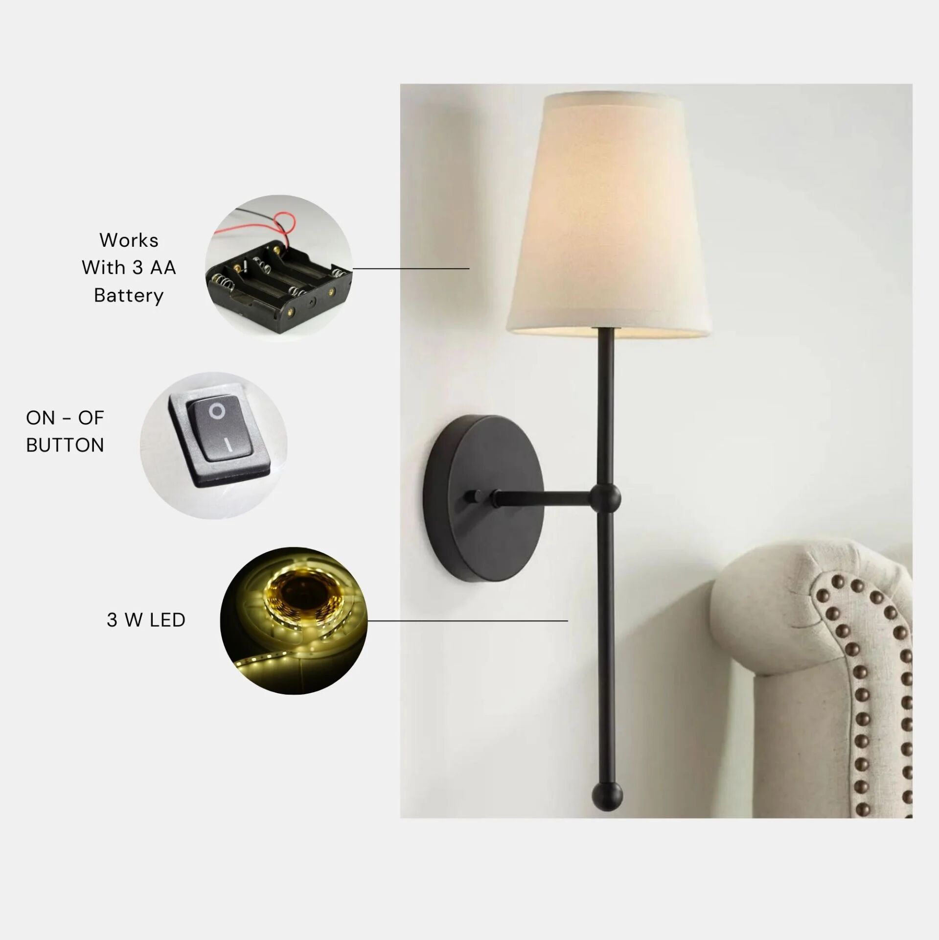 Yeni Brice Pilli Siyah Beyaz Abajurlu Aplik