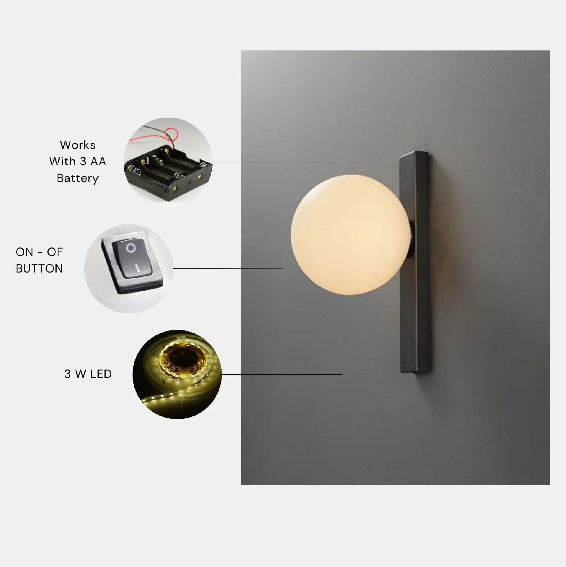 Yeni Modern Pilli Siyah Duvar Aplik