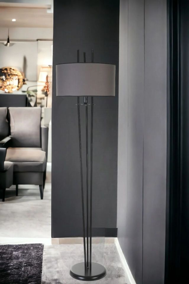 Belen Siyah Silindir Koyu Gri Abajurlu Lambader