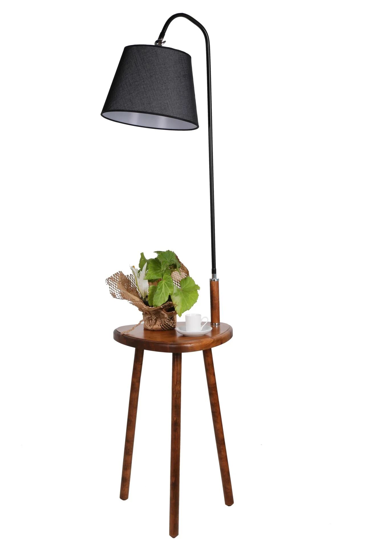 Demet Sehpalı Ceviz Piramit Hasır Siyah Abajurlu Lambader