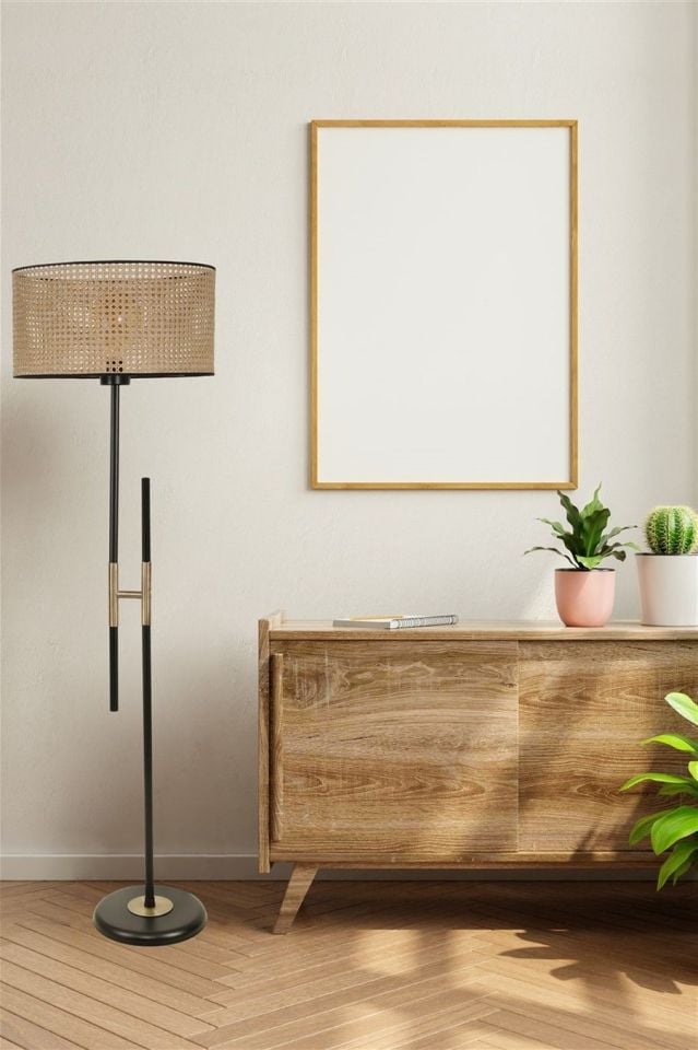 Felix Siyah Silindir Rattan Abajurlu Lambader