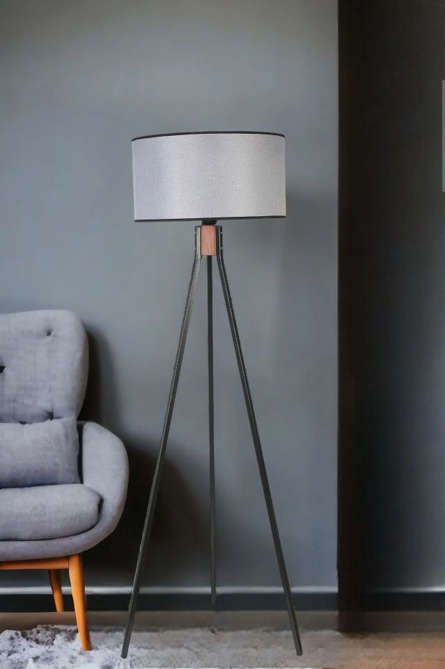 Fisco Tripod Siyah Silindir Hasır Gri Abajurlu Lambader