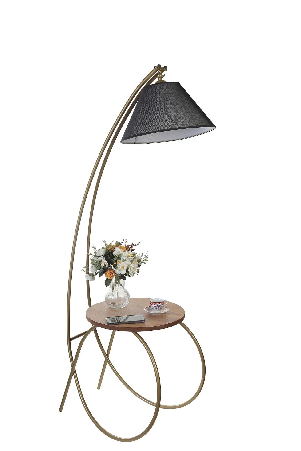 Güler Eskitme Piramit Siyah Hasır Abajurlu Sehpalı Lambader
