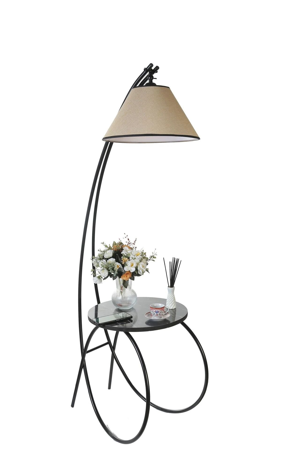 Güler Siyah Piramit Açık Hasır Abajurlu Sehpalı Lambader