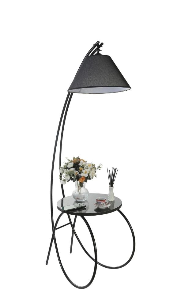 Güler Siyah Piramit Siyah Hasır Abajurlu Sehpalı Lambader