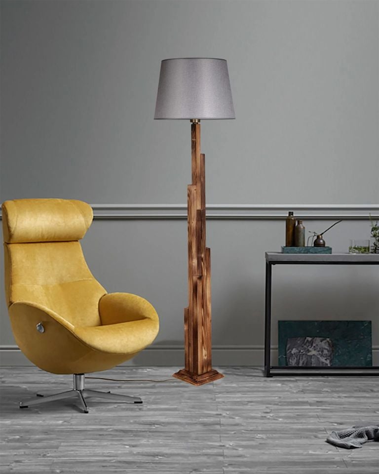 Kule Yanık Ahşap Piramit Hasır Gri Abajurlu Lambader