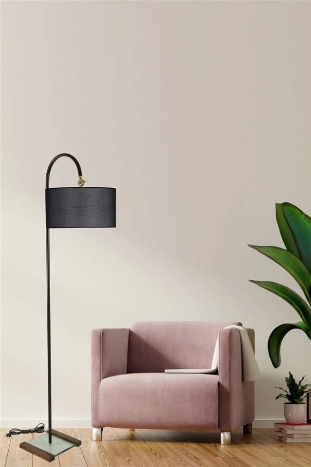 Kumru Siyah Silindir Hasır Siyah Abajurlu Lambader