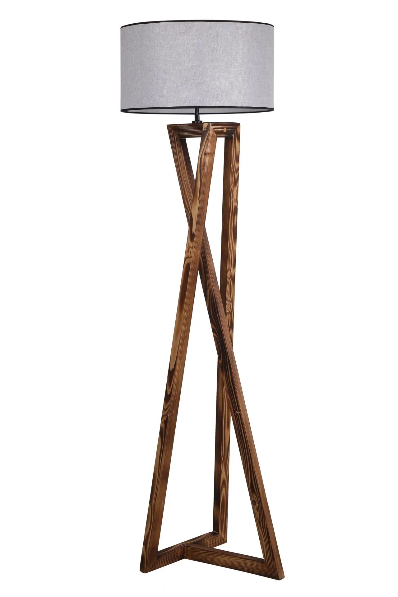 Maçka Yanık Ahşap Silindir Hasır Gri Abajurlu Lambader