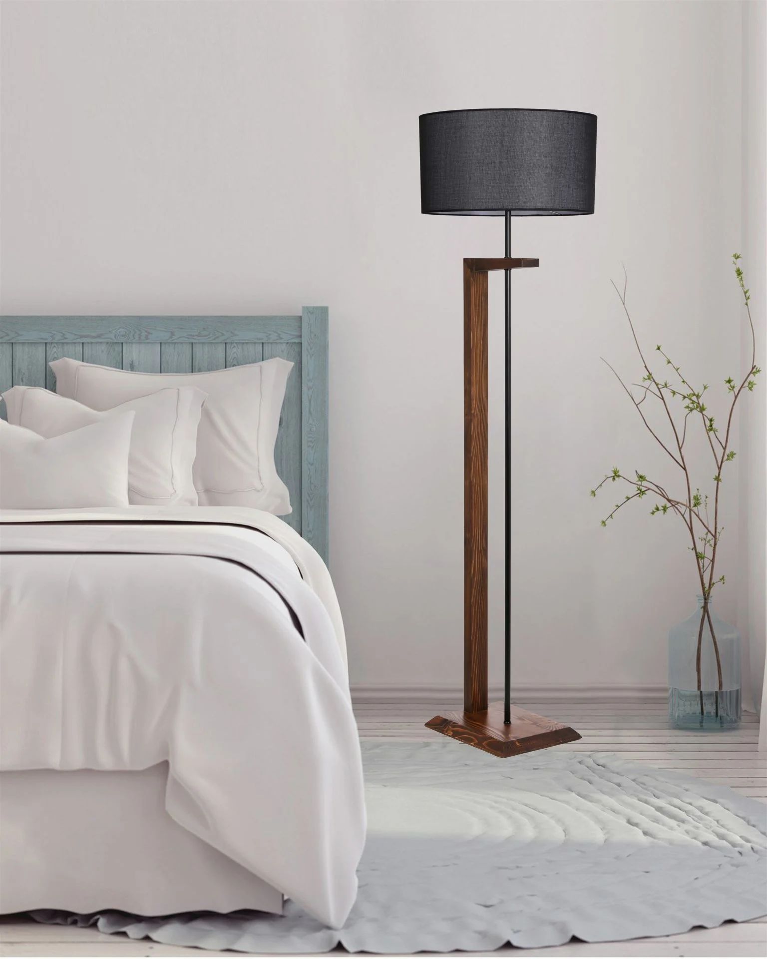 Menekşe Ceviz Silindir Hasır Siyah Abajurlu Lambader