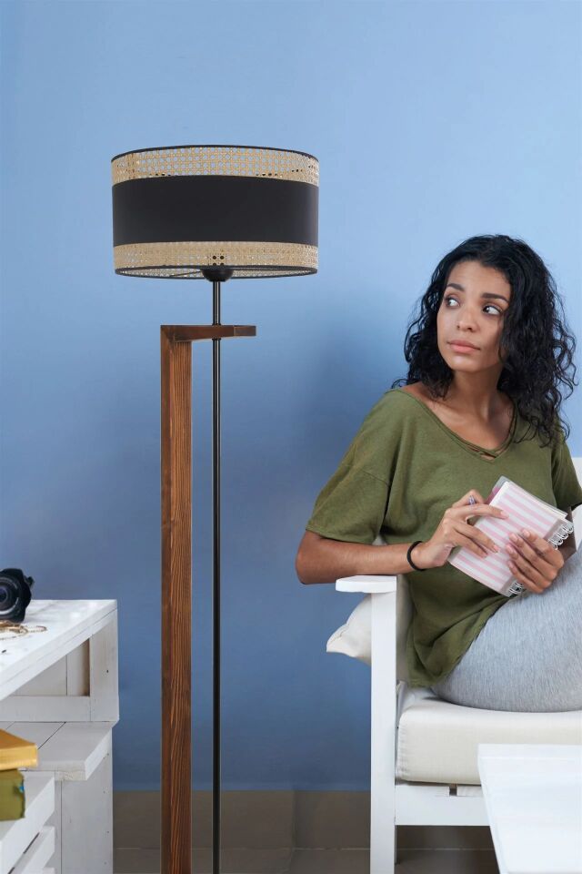 Menekşe Ceviz Silindir Rattan 03 Abajurlu Lambader